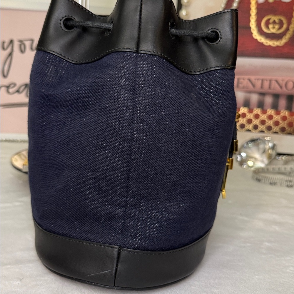 Furla Stacy Mini Bucket Bag Navy Canvas & Black Leather Crossbody EUC - Picture 7 of 9